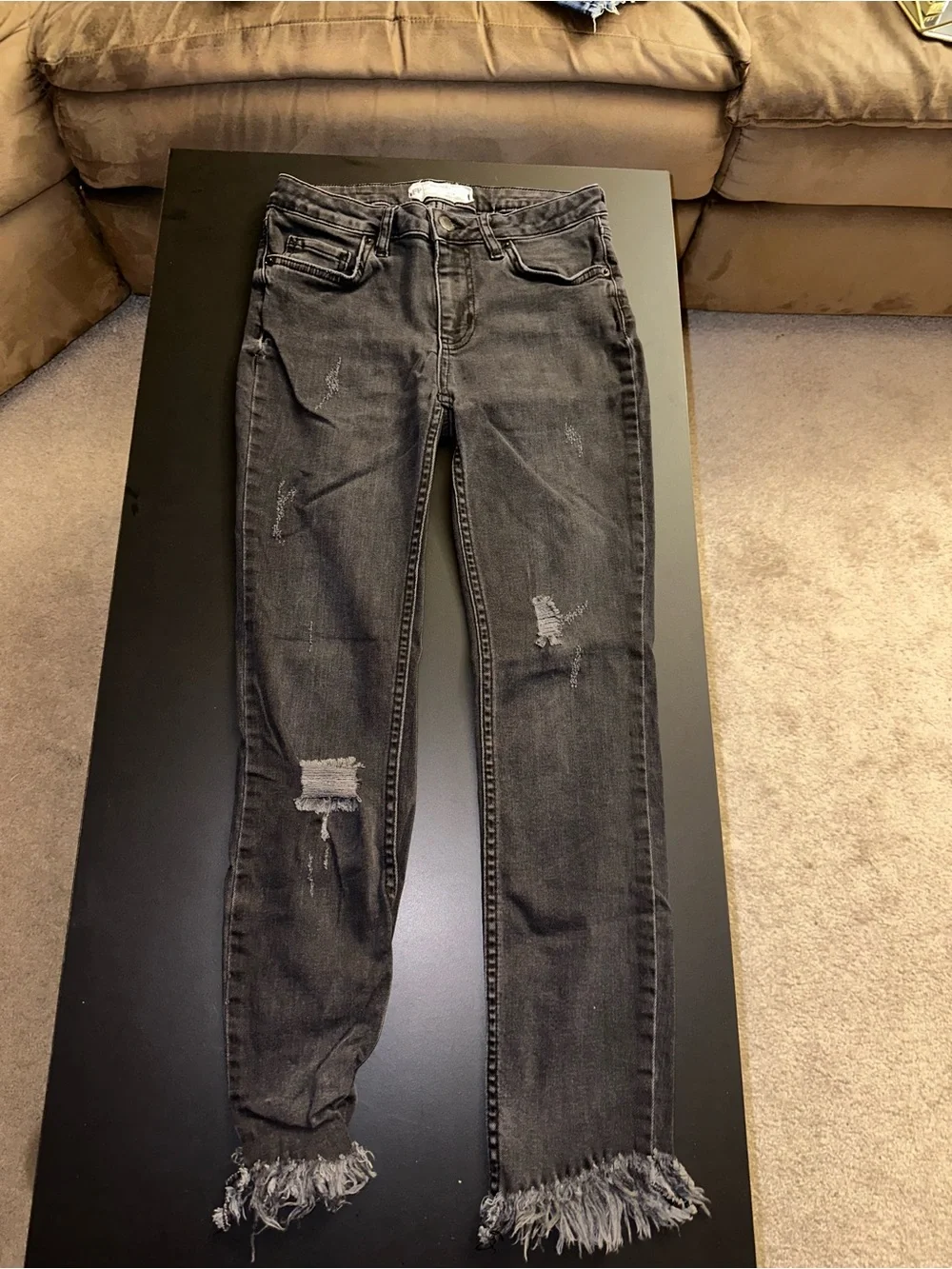 Free People Black Distressed Skinny Jeans with Frayed Hem